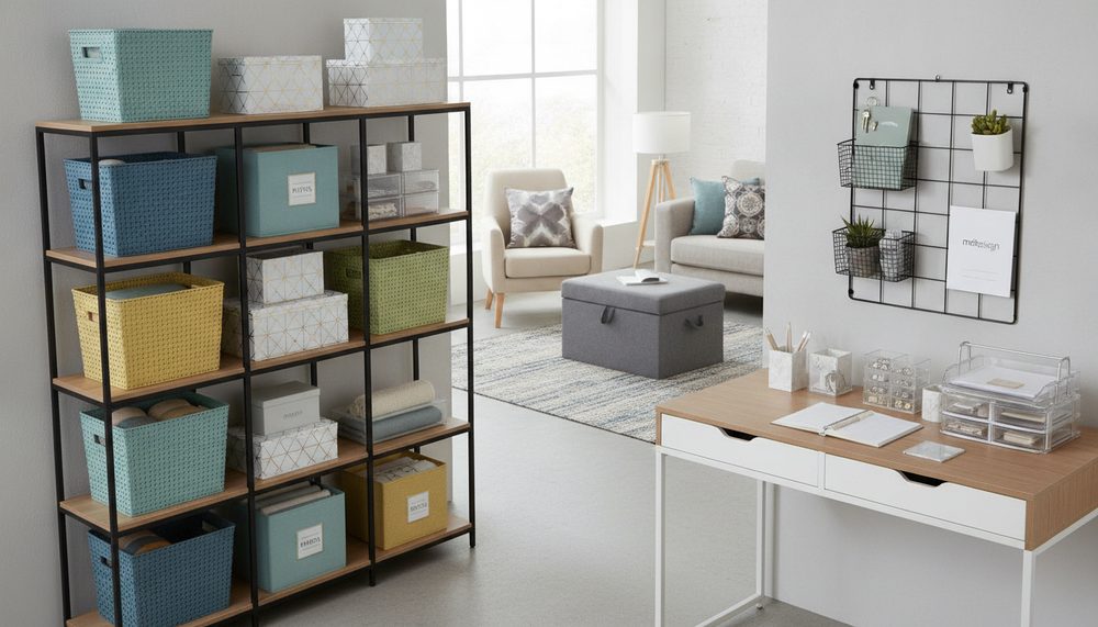 mDesign storage baskets and boxes on open shelving in a living room