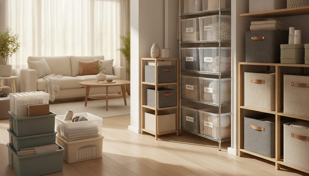 Clear mDesign stacking boxes and labelled bins in a bright room
